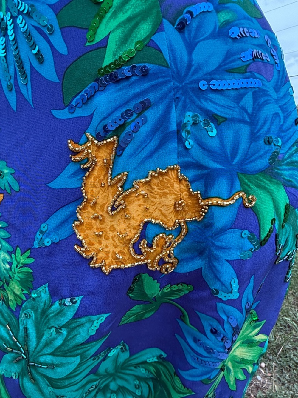 100% silk Tropical A.J. Bari Blue &Green Floral Party Dress with Gold Embroidery - Picture 7 of 17